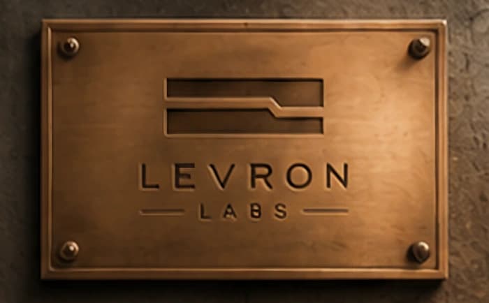 The Levron Labs mark cast into a brass plaque